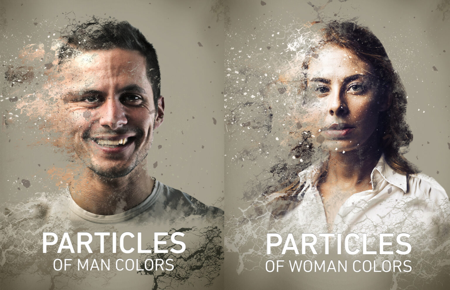 Human particles. Plagát s portrétom ženy a muža.