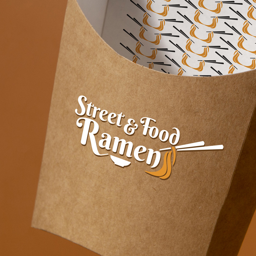 Street Food and Rahmen Logodesign. Papierový obal na jedlo.